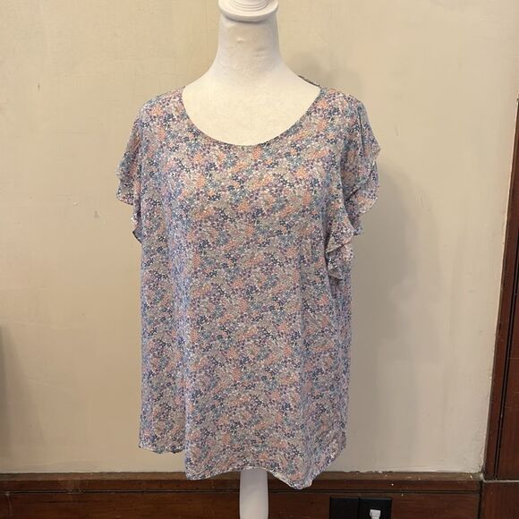 Cynthia Rowley purple pink floral ruffle cap sleeve blouse Size XL New - Picture 2 of 9